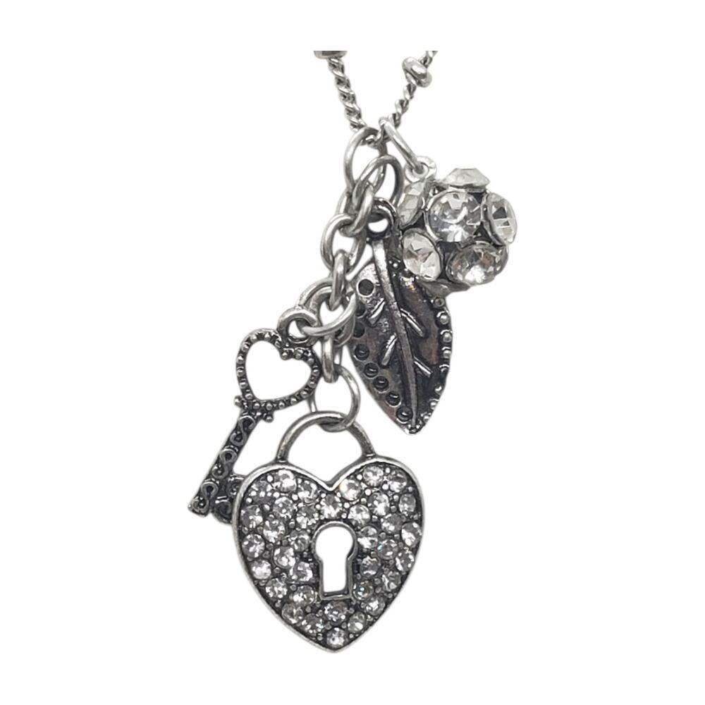 Vintage Charm Necklace Heart Lock & Key Rhinestones Leaf Flower Ball VLCH